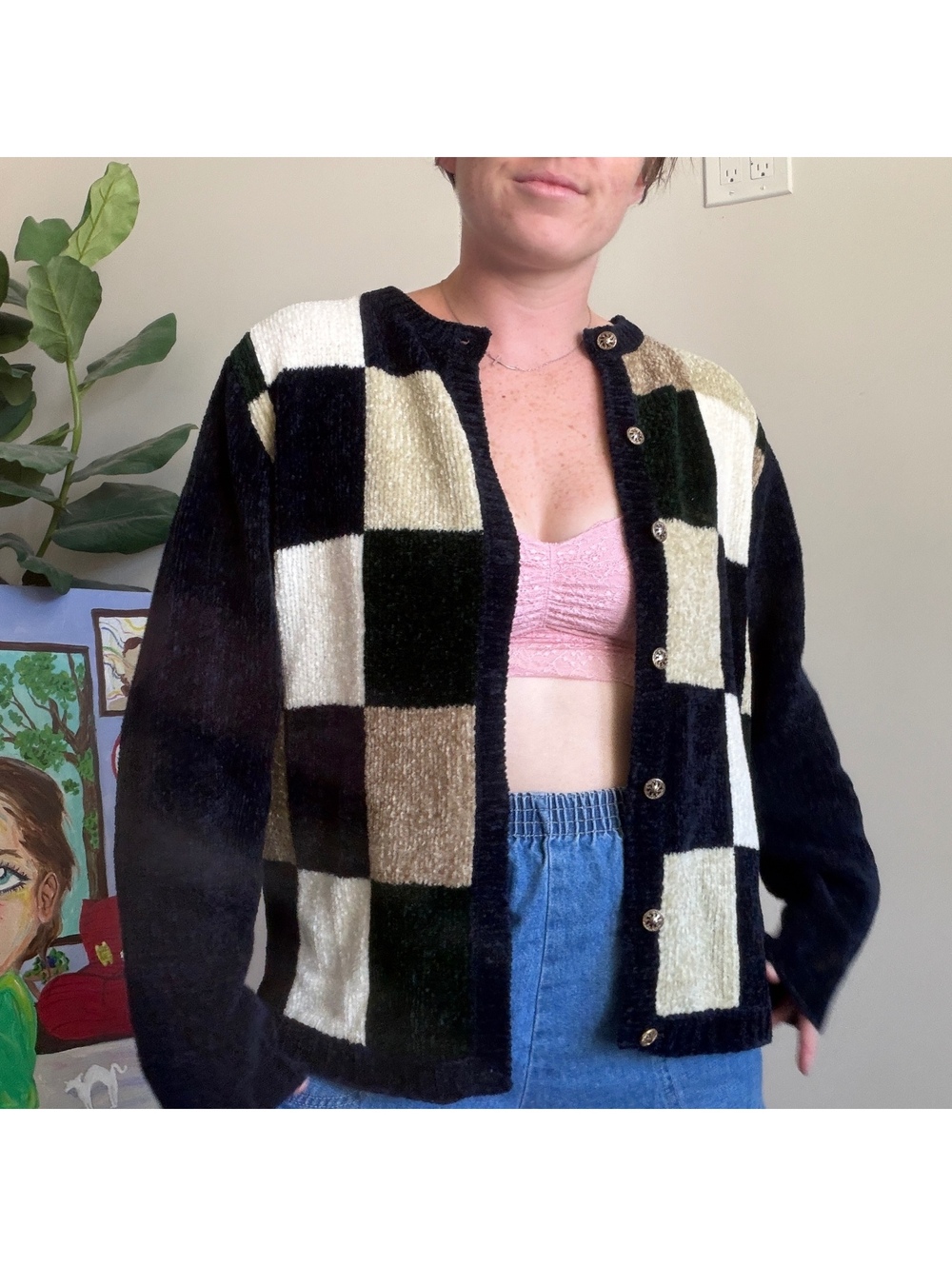 Vintage 90s sweater cardigan black and cream checker cardigan